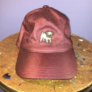 Shiny burgundy maroon Pug hat full 5 panel adjustable back strap cap